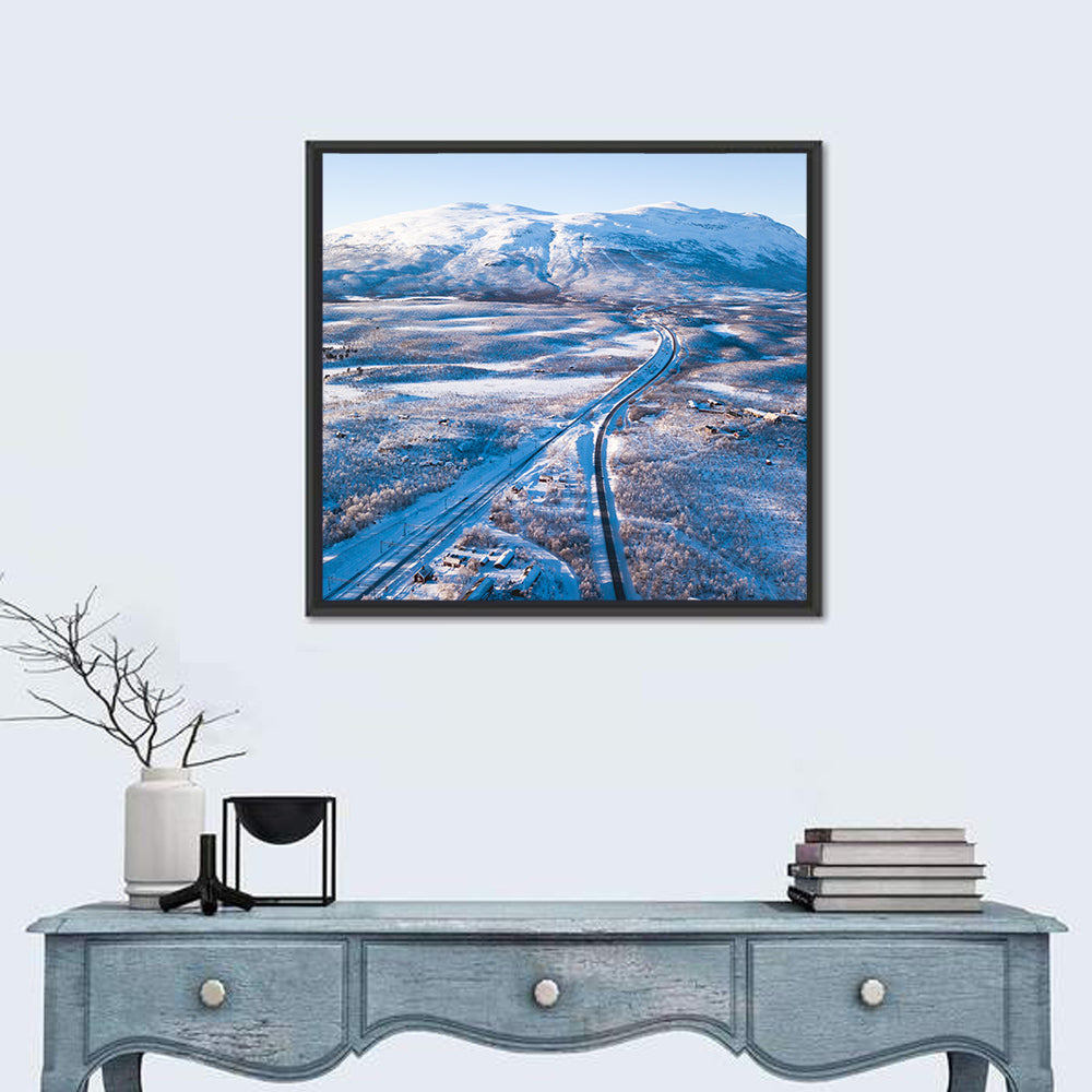 Snowy Valley with Parallel Tracks Wall Art in a room, square