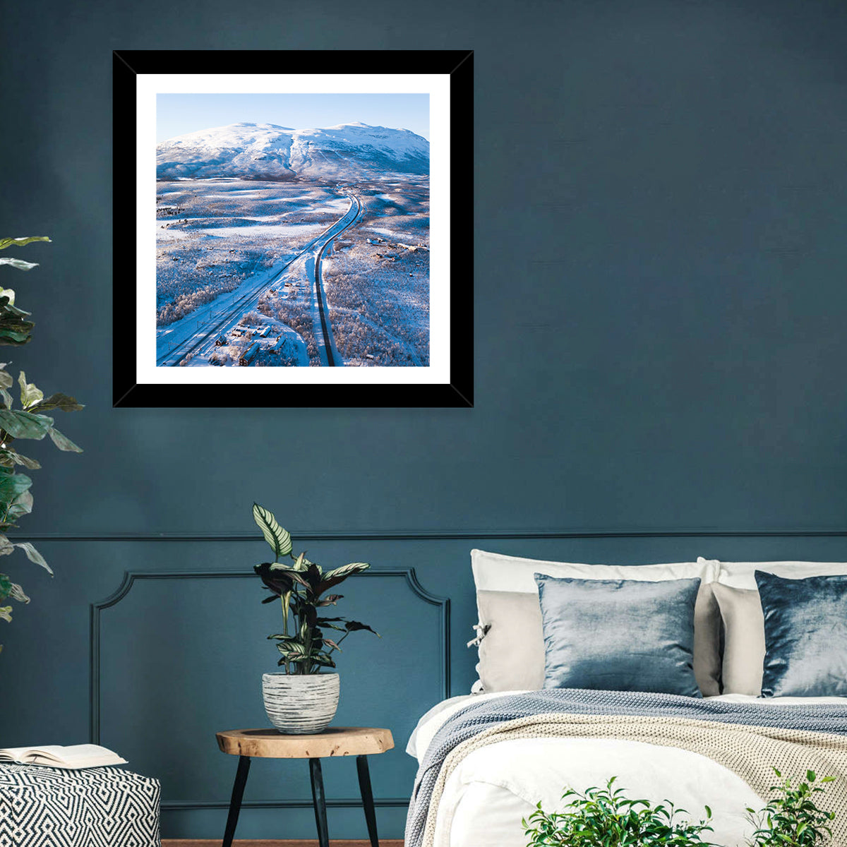 Snowy Valley with Parallel Tracks Wall Art in a room, square