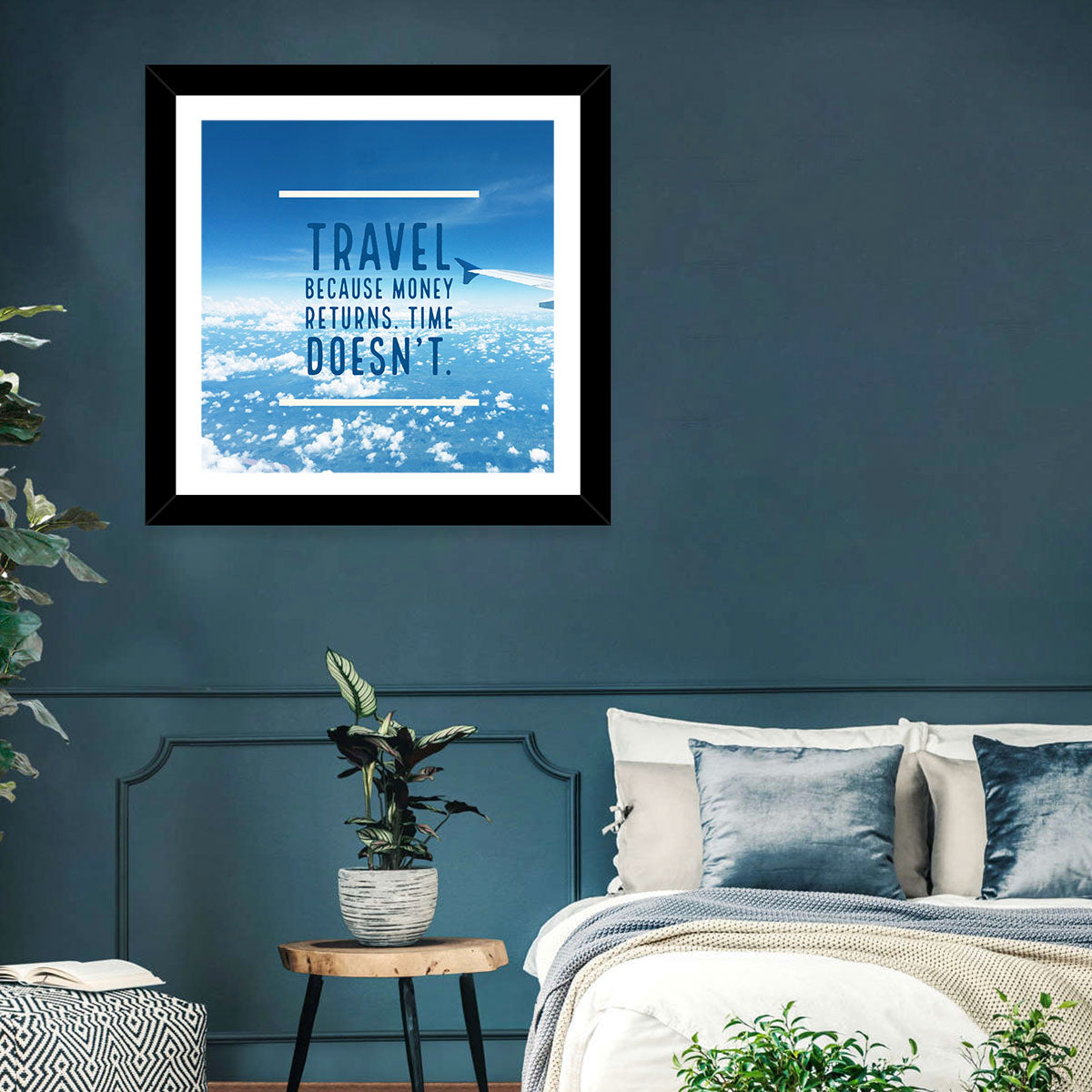 Travel Because Money Returns Quote Wall Art in a room, square