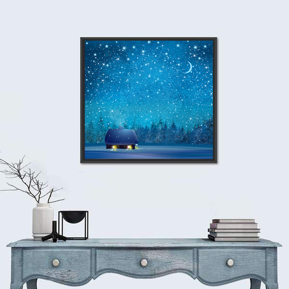 Winter Cottage Under Crescent Moon Wall Art