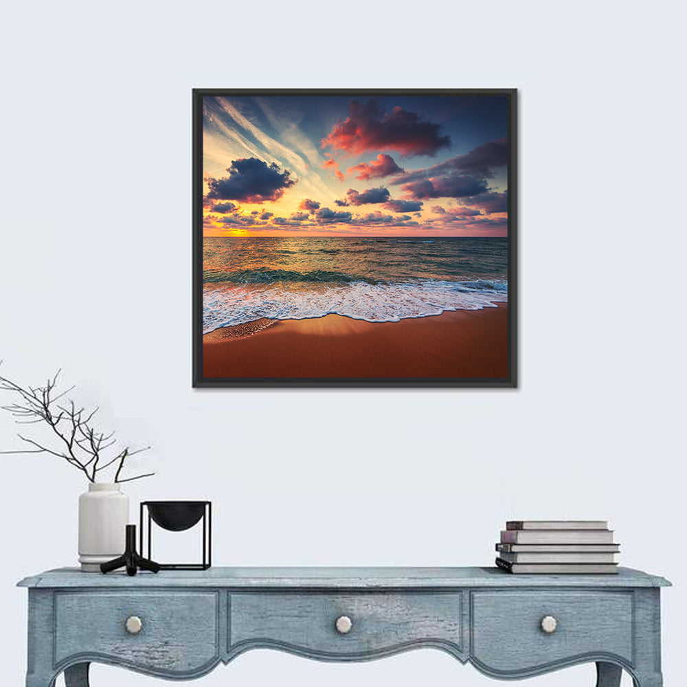Golden Hour Beach Waves Under Cloudy Sky Wall Art