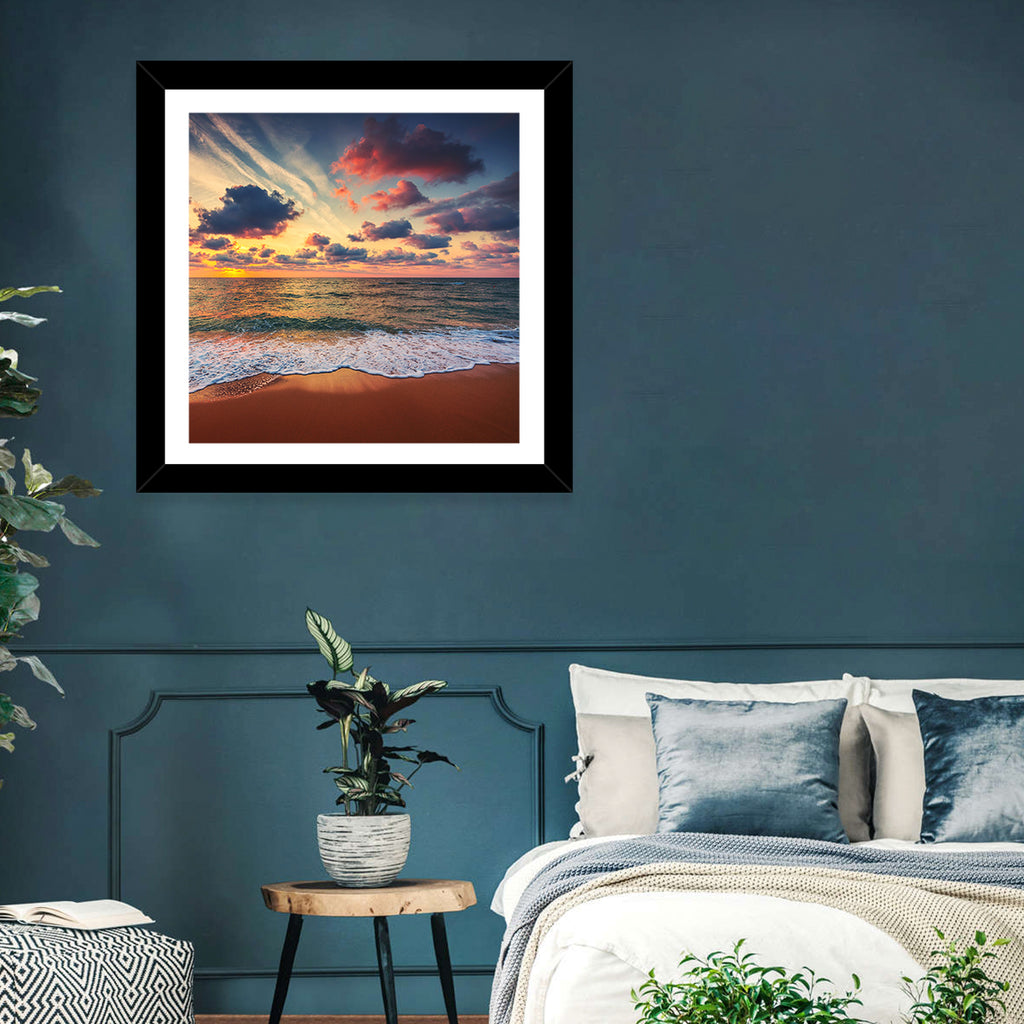 Golden Hour Beach Waves Under Cloudy Sky Wall Art