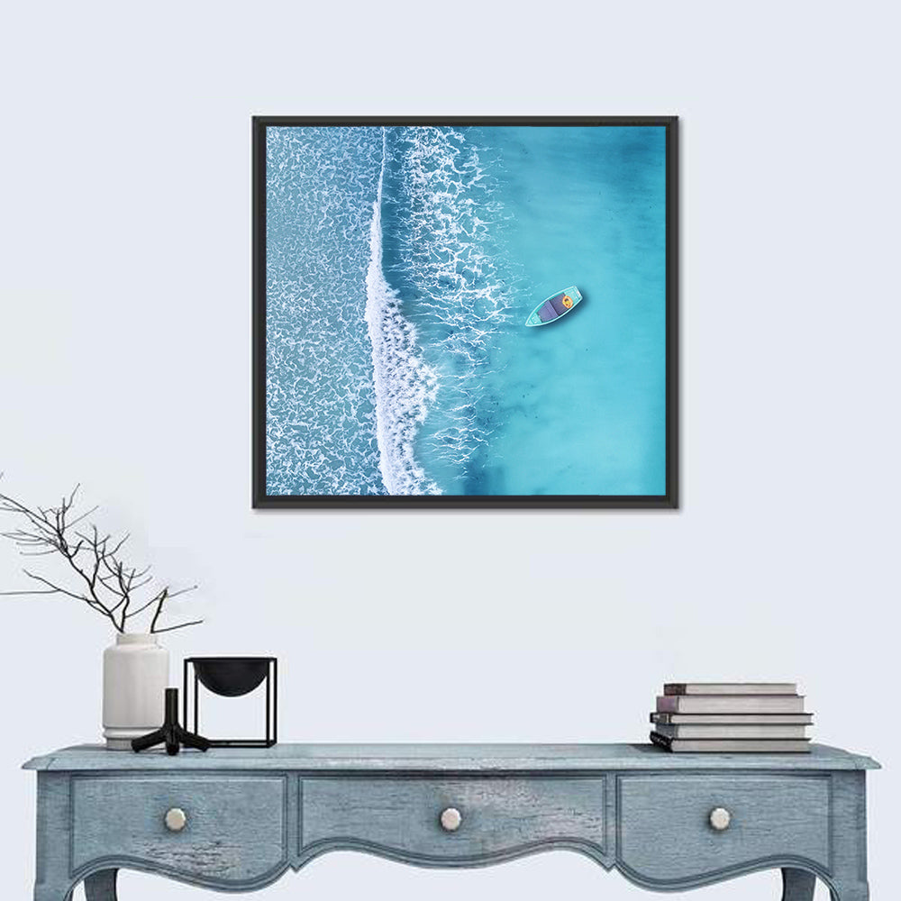 Lone Boat Over Turquoise Waves Wall Art