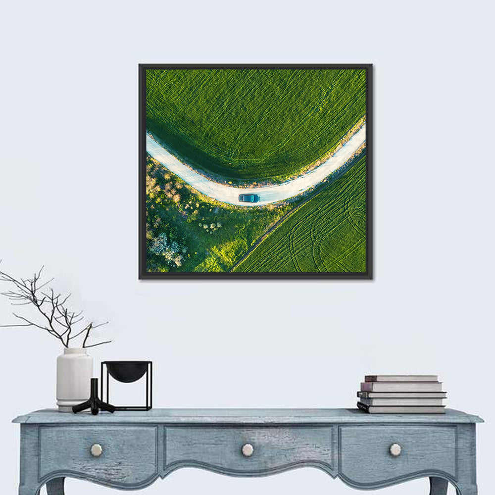 Aerial Farm Fields at Golden Hour Wall Art in a room, square