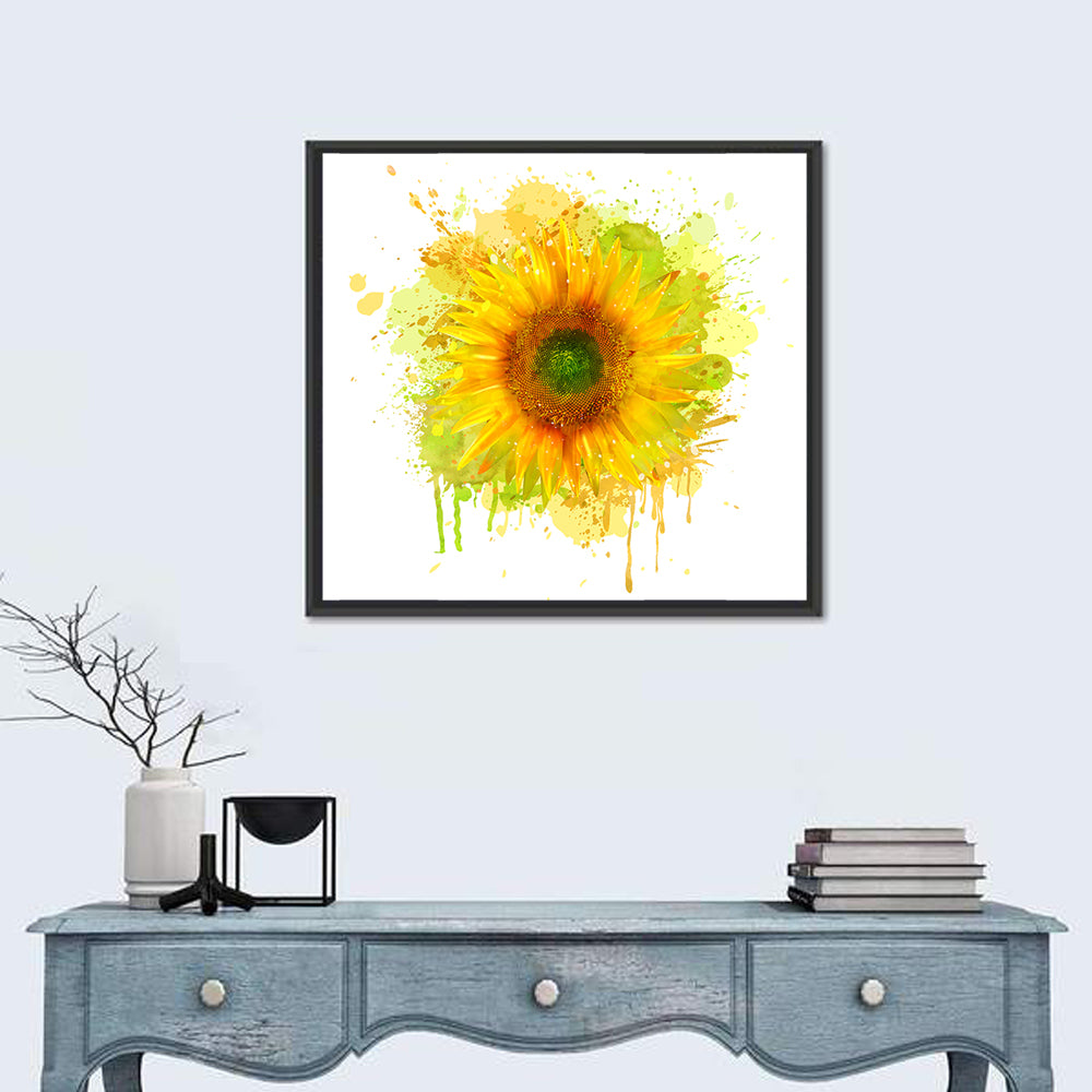 Watercolor Sunflower Wall Art in a room, square