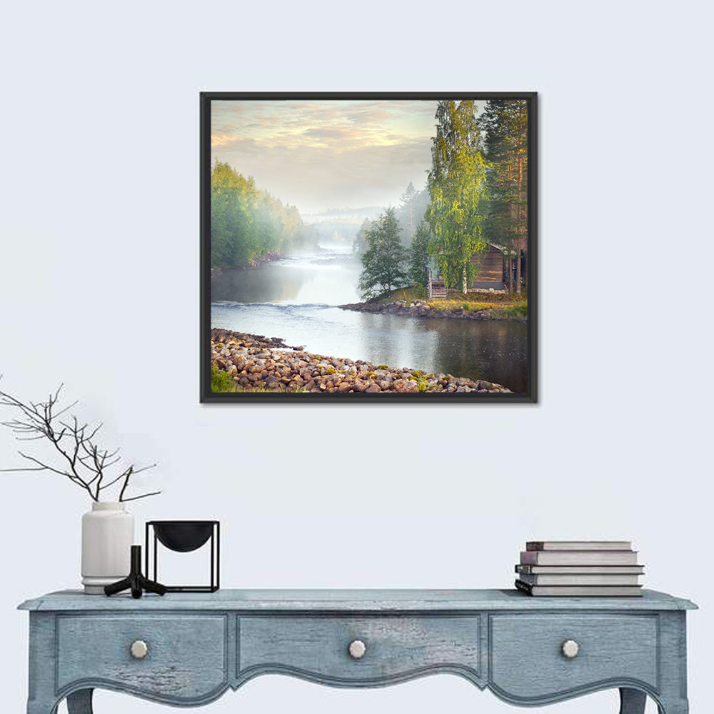 Misty River with Red Roof Cabin Wall Art in a room, square