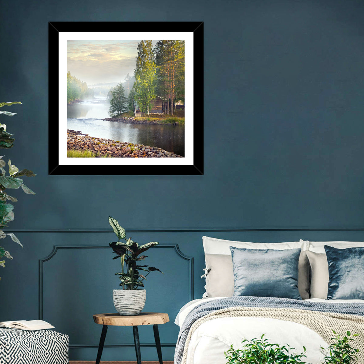 Misty River with Red Roof Cabin Wall Art in a room, square