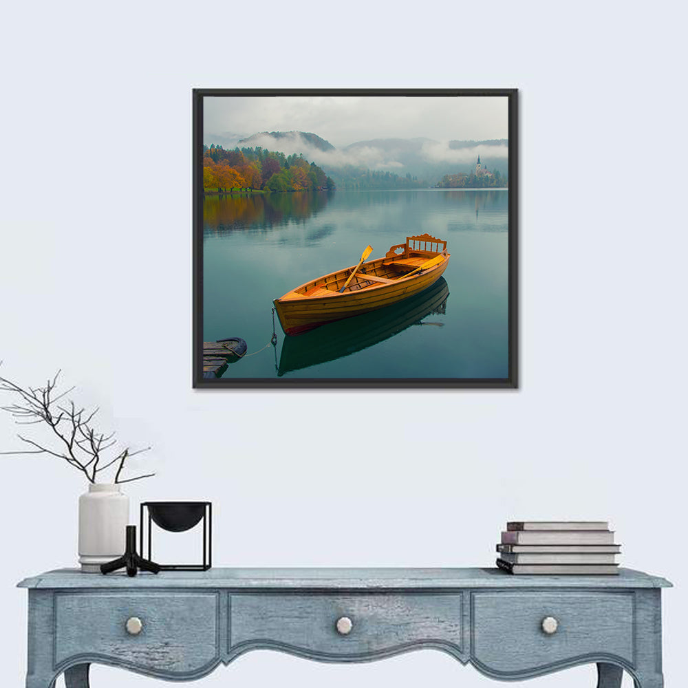 Tethered Boat on Lake Bled Wall Art in a room, square
