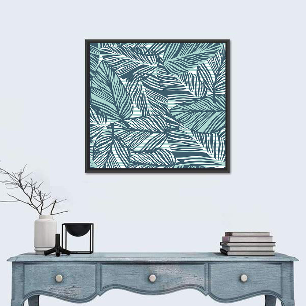 Striped Blue Palm Leaves Pattern Wall Art