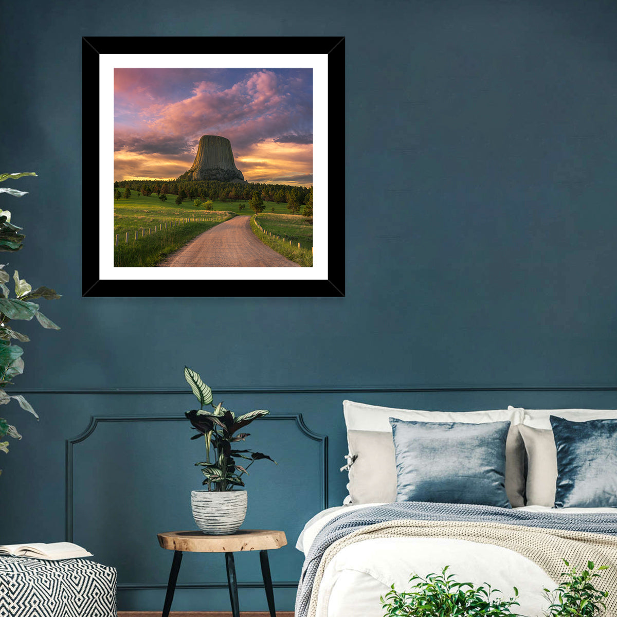 Devils Tower at Sunset Wall Art in a room, square