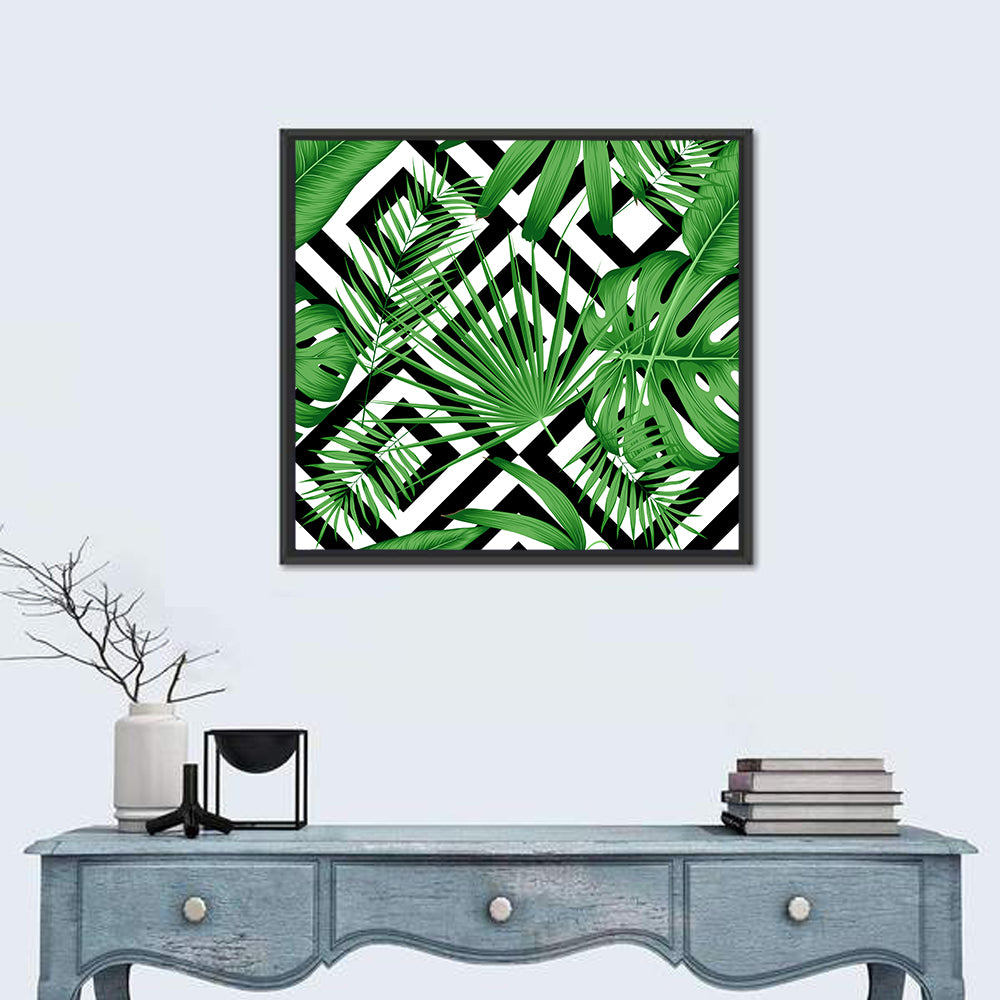 Tropical Geometric Leaves Pattern Wall Art in a room, square