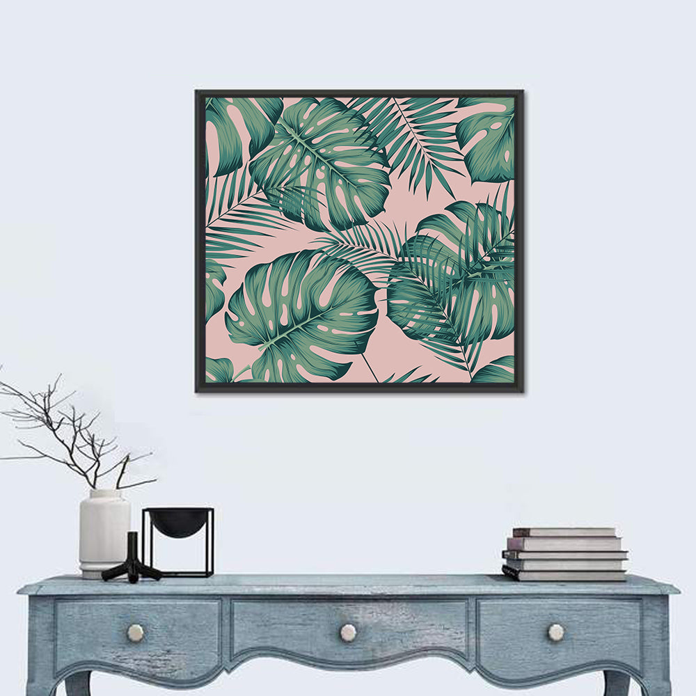 Areca Palm and Monstera Leaves Wall Art in a room, square