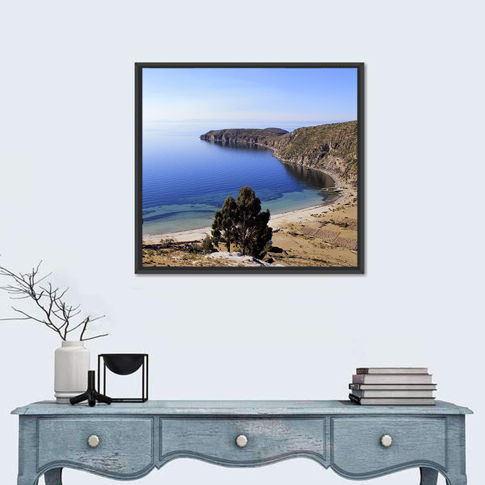 Titicaca Cliffs and Turquoise Water Wall Art in a room, square
