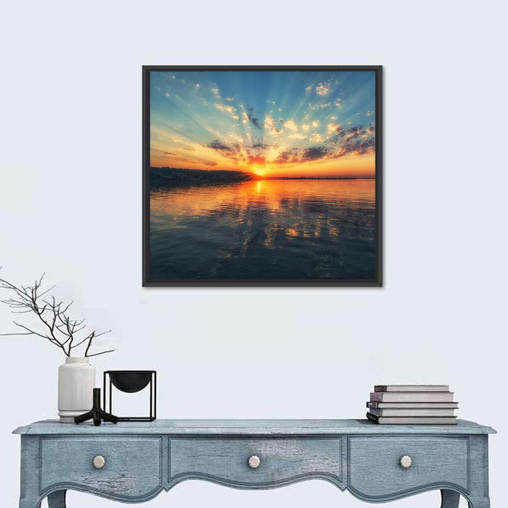 Sunburst Over River Wall Art in a room, square