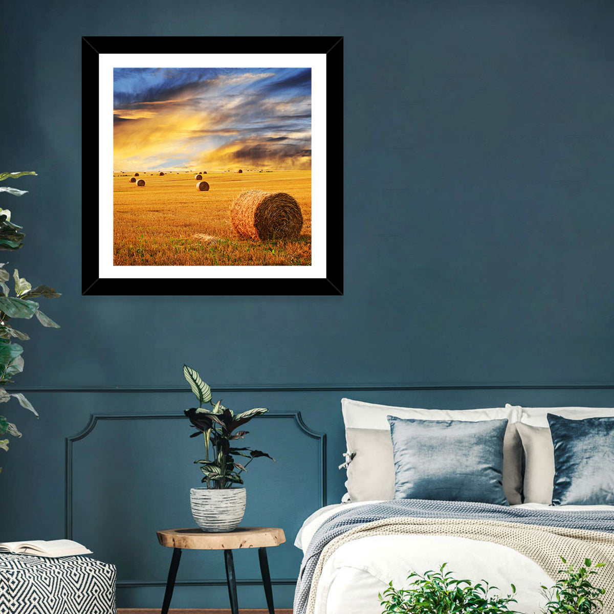 Sunset Over Hay Bales Wall Art in a room, square