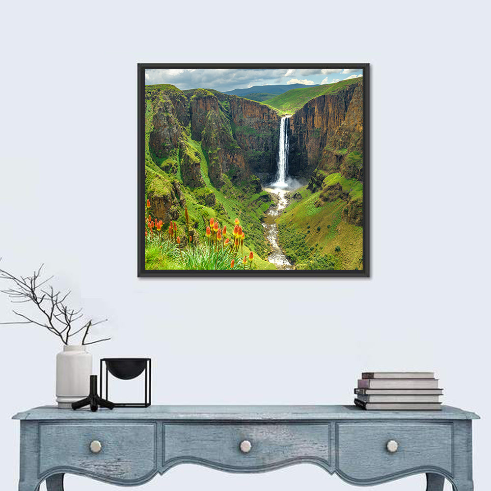 Maletsunyane Falls with Torch Lilies Wall Art in a room, square