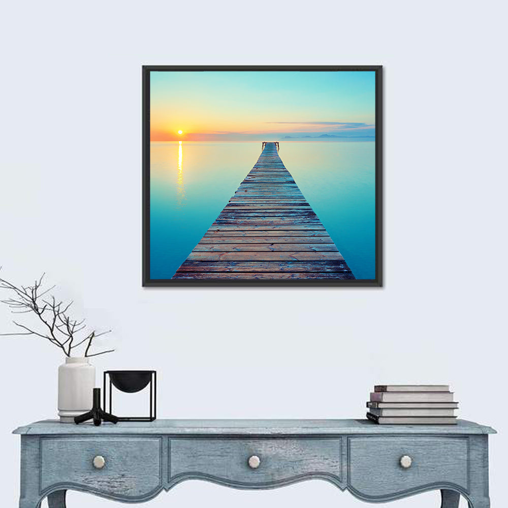 Wooden Footbridge at Sunset Wall Art in a room, square