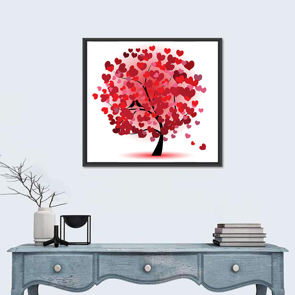 Heart Tree with Kissing Birds Wall Art in a room, square