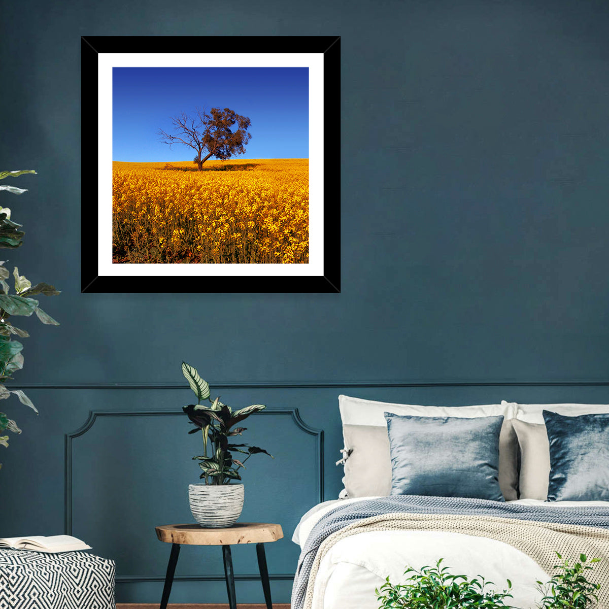 Canola Field with Lone Tree Wall Art in a room, square