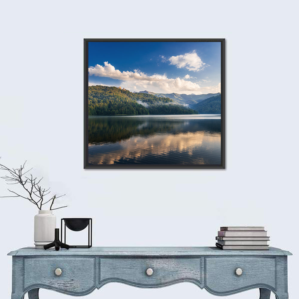 Golden Mist Mountain Lake Wall Art in a room, square