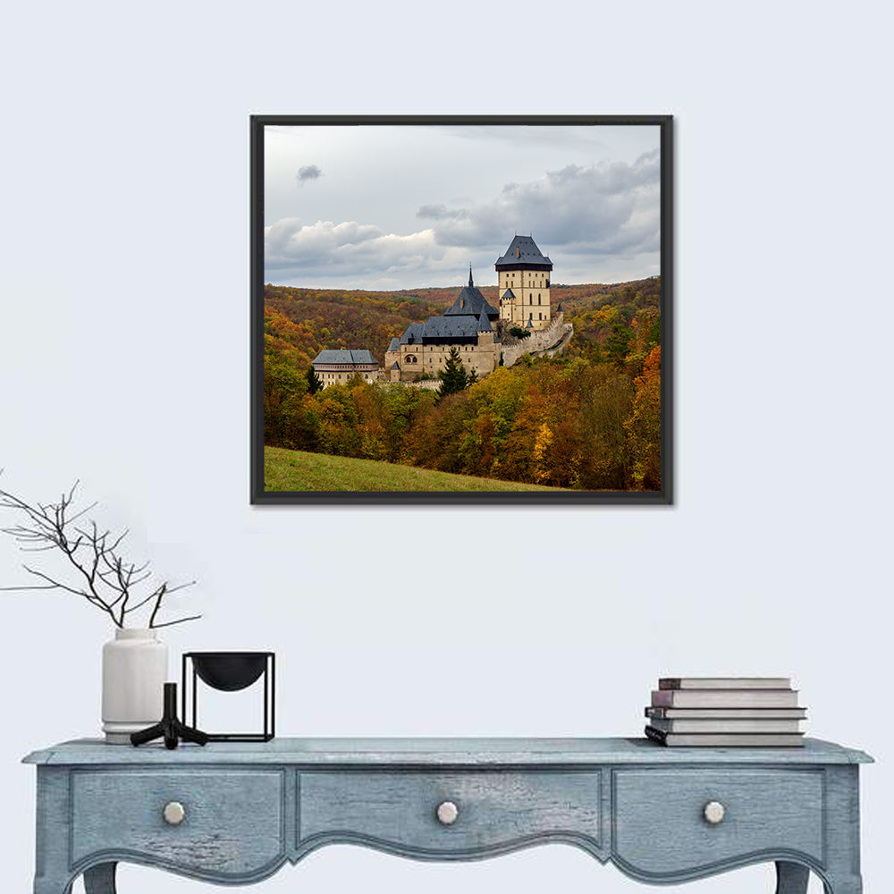 Karlštejn Castle in Autumn Forest Wall Art in a room, square