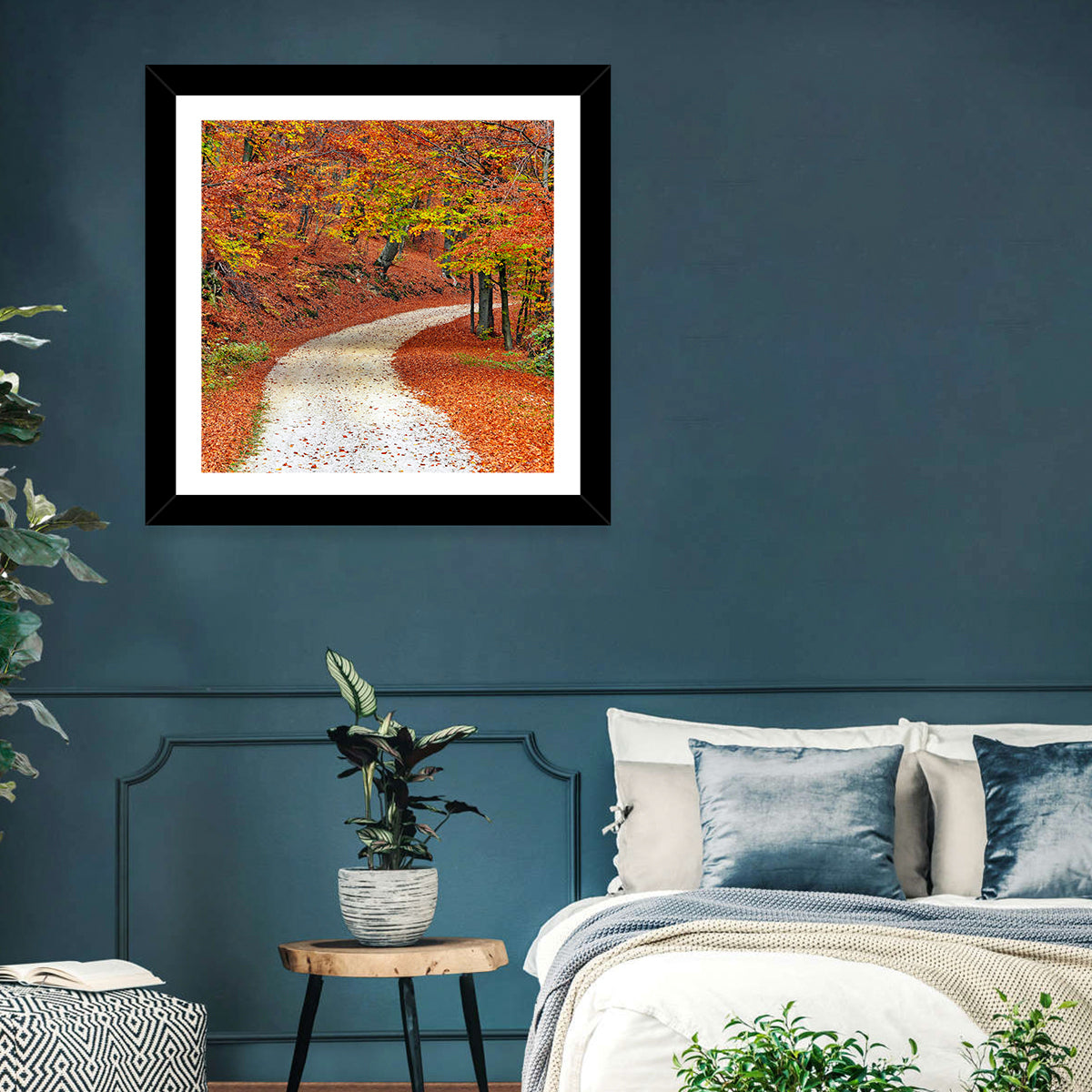 Misty Gravel Path Through Autumn Trees Wall Art in a room, square