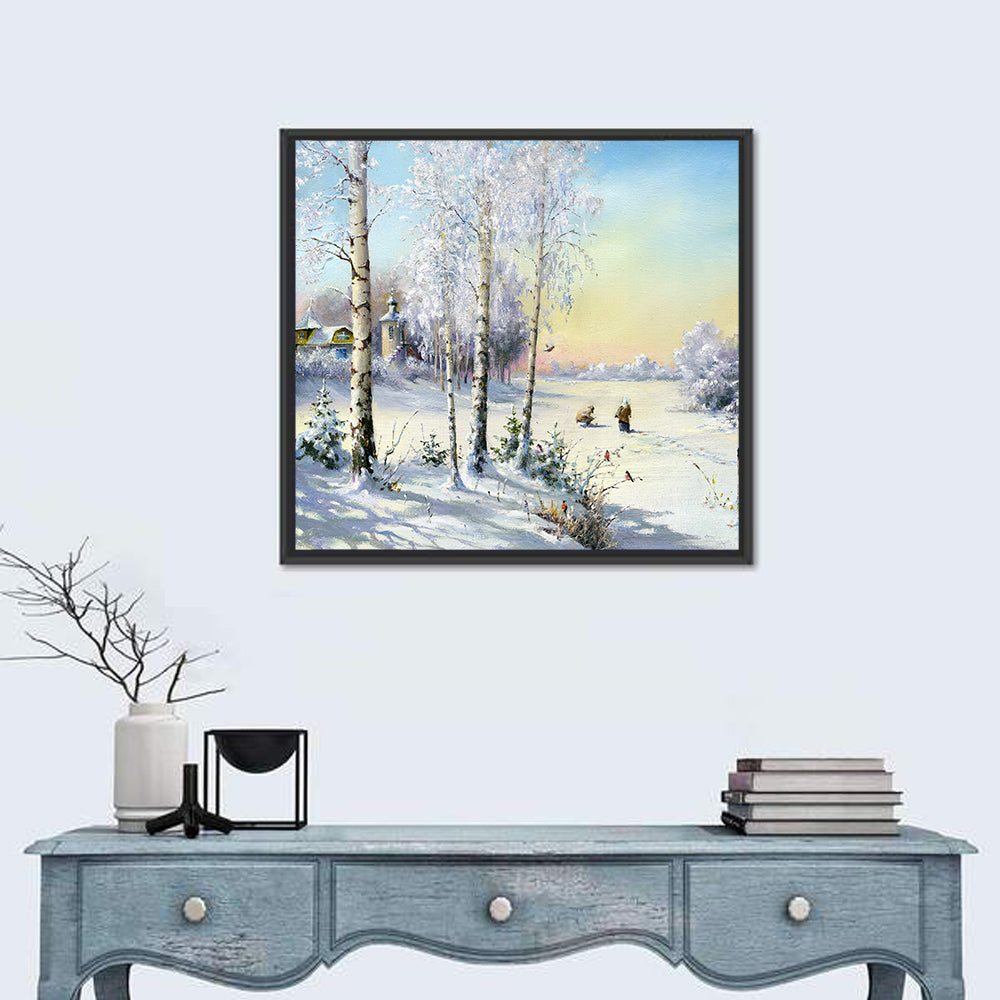 Birch-framed Winter Village Wall Art