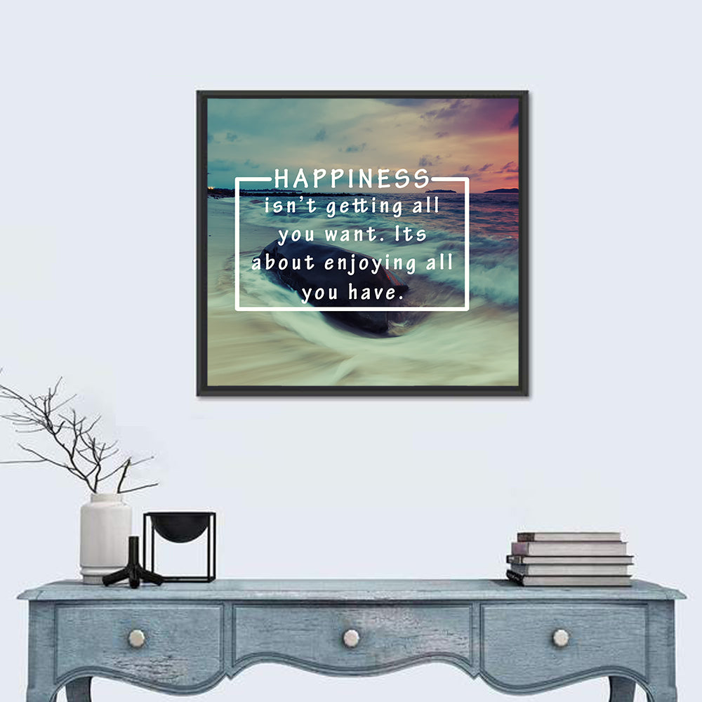 Happiness Quote on Sunset Beach Wall Art in a room, square