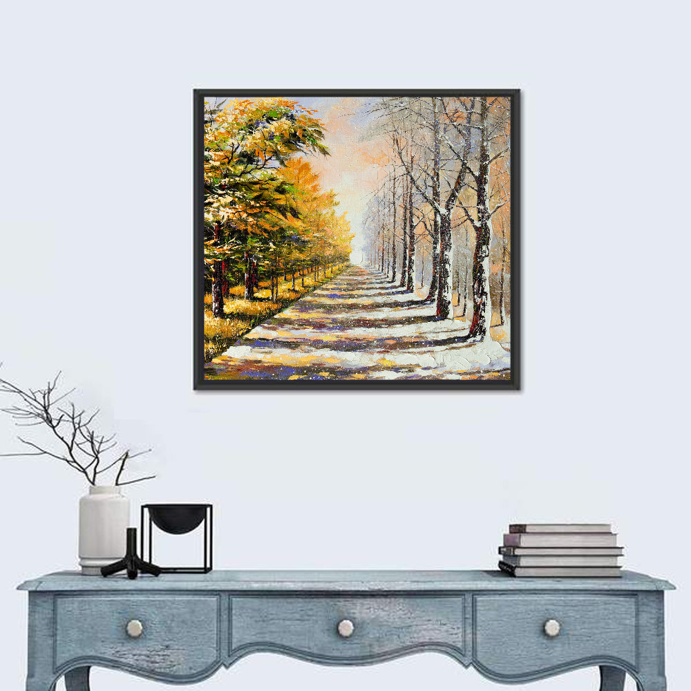 Autumn to Winter Forest Path Wall Art in a room, square