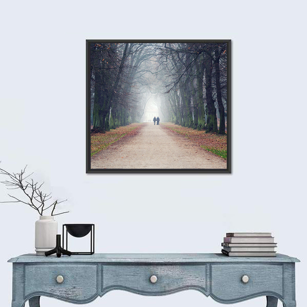 Foggy Tree Lined Walkway in Autumn Wall Art in a room, square
