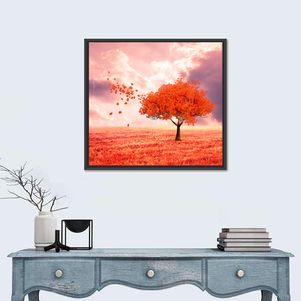 Windblown Red Autumn Tree Wall Art in a room, square