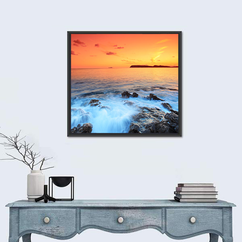 Dubrovnik Sunset Over Rocky Shore Wall Art in a room, square