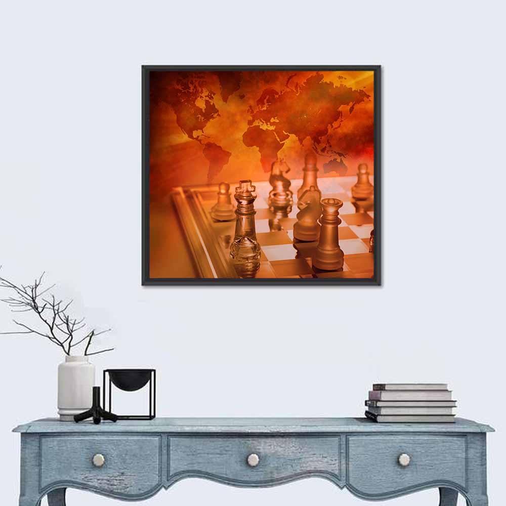 Chess with Faded World Map Wall Art in a room, square