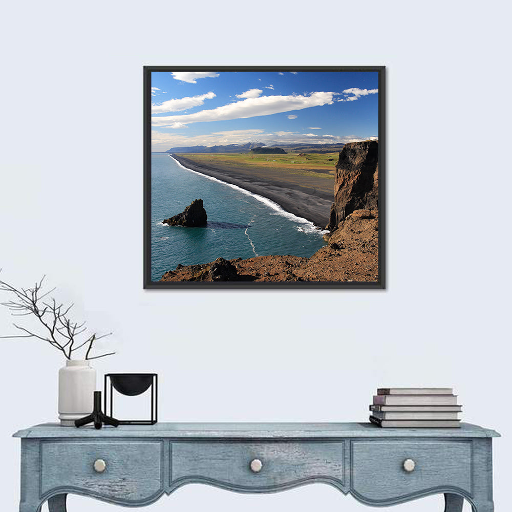 Dyrhólaey Black Sand Beach and Sea Stack Wall Art in a room, square