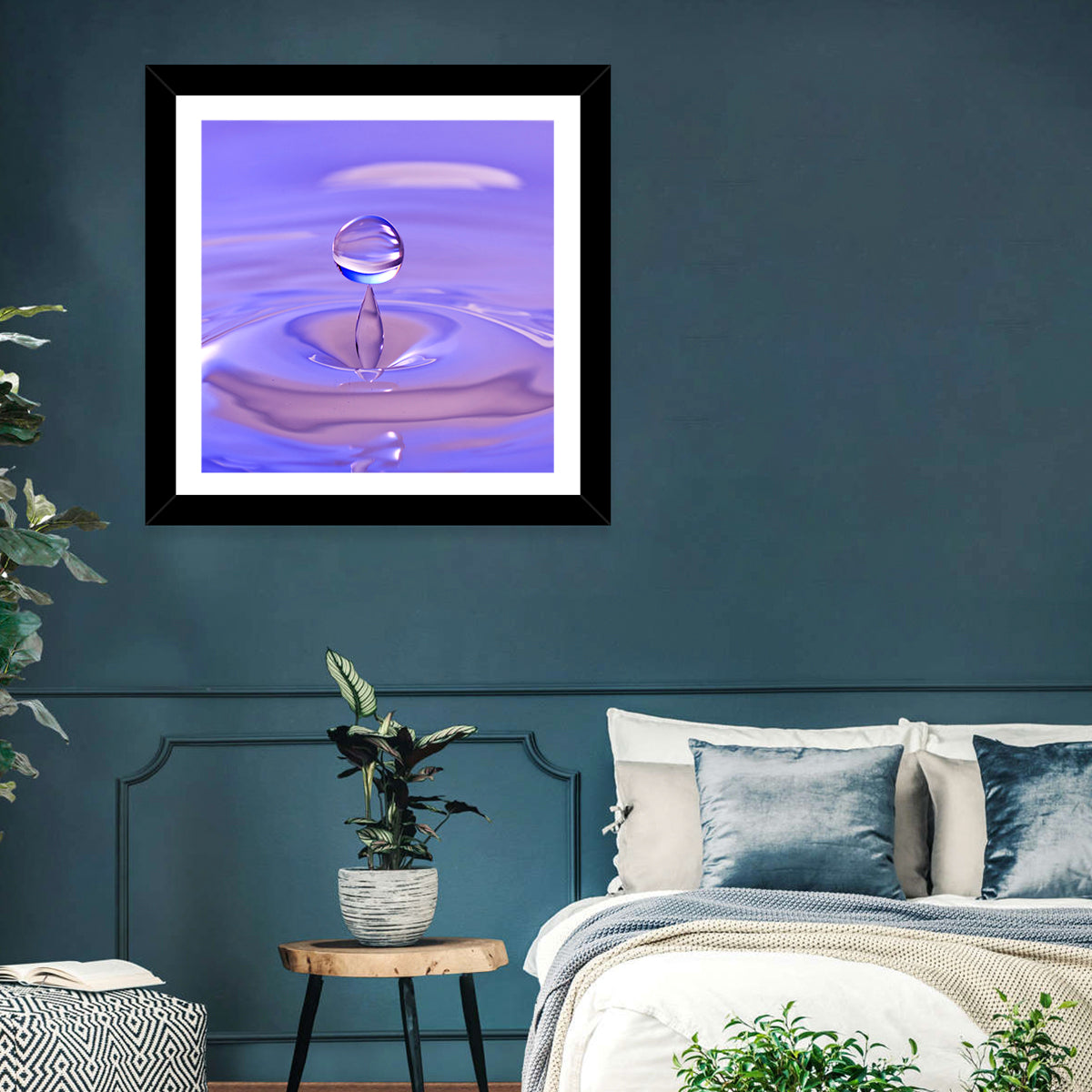 Purple Water Droplet Splash Wall Art in a room, square