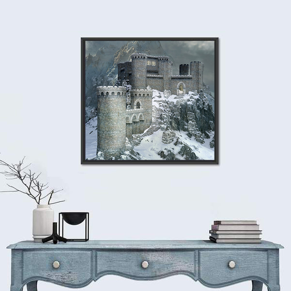 Snowy Medieval Castle Illustration Wall Art in a room, square