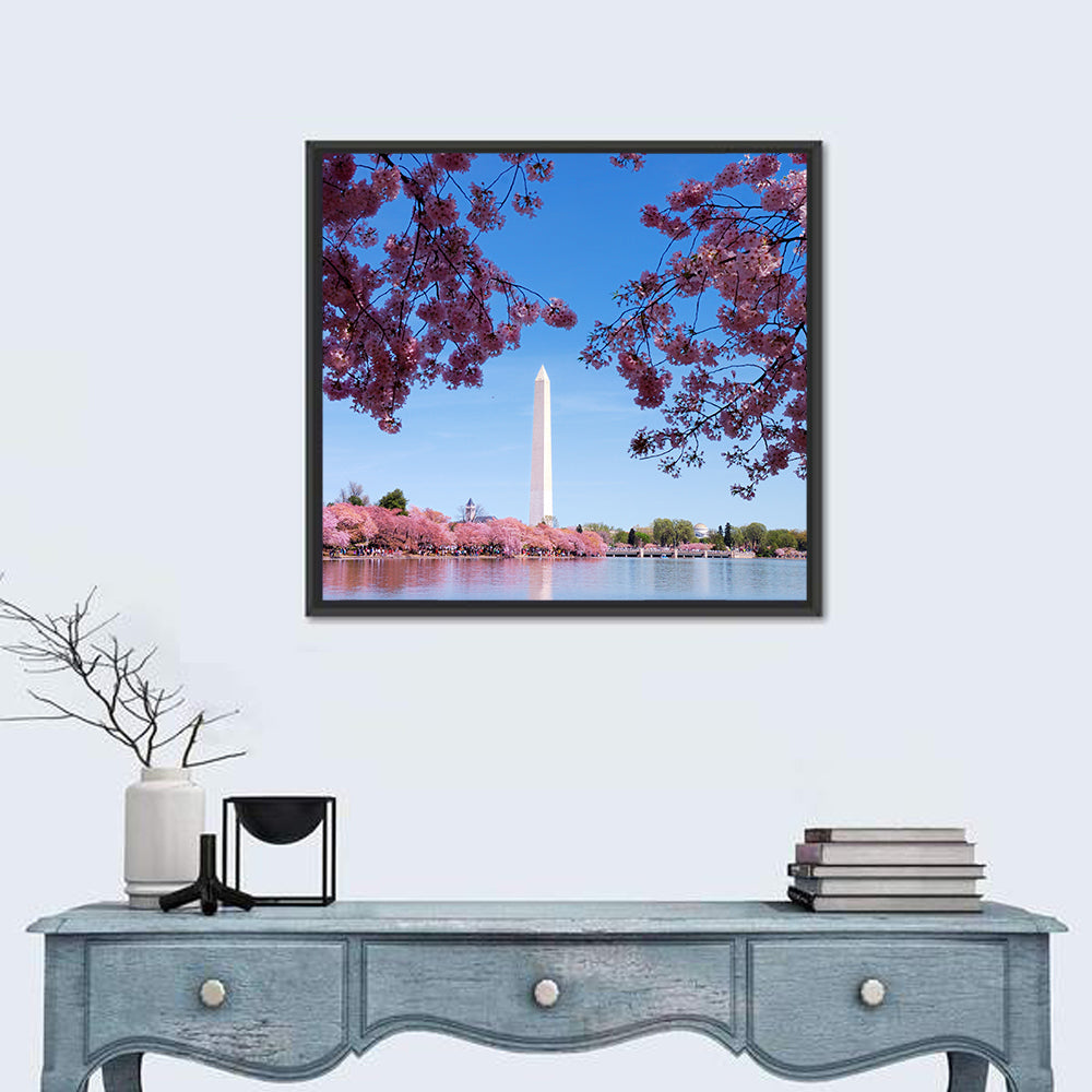 Washington Monument with Cherry Blossoms Wall Art in a room, square