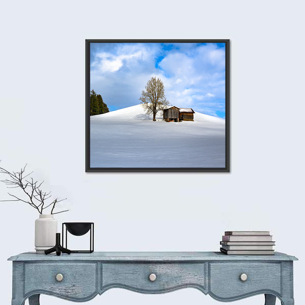 Rustic Barn on a Snowy Hill Wall Art in a room, square