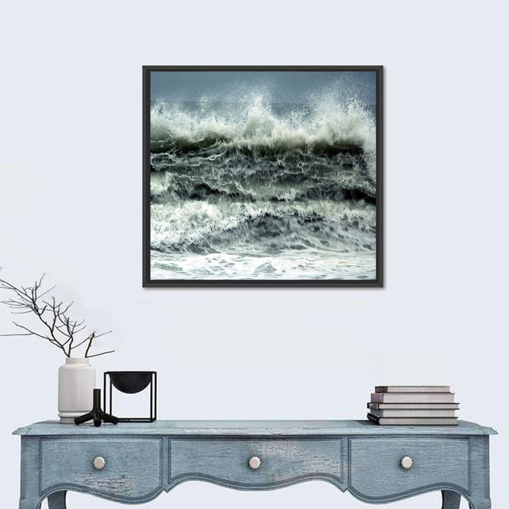Stormy Coastline Wave Wall Art in a room, square