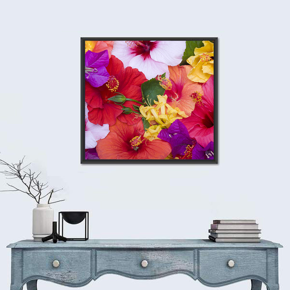 Tropical Bougainvillea and Hibiscus Bloom Wall Art in a room, square