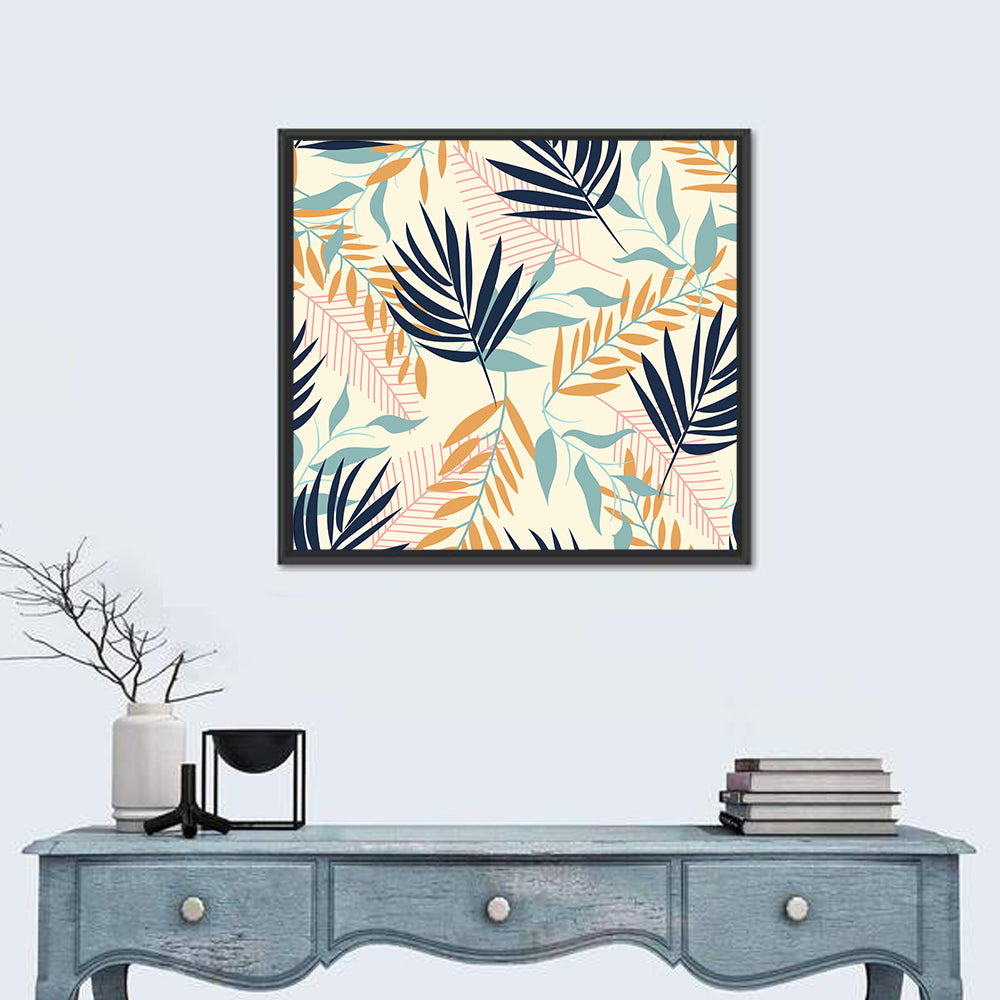 Cream and Navy Summer Leaves Pattern Wall Art in a room, square