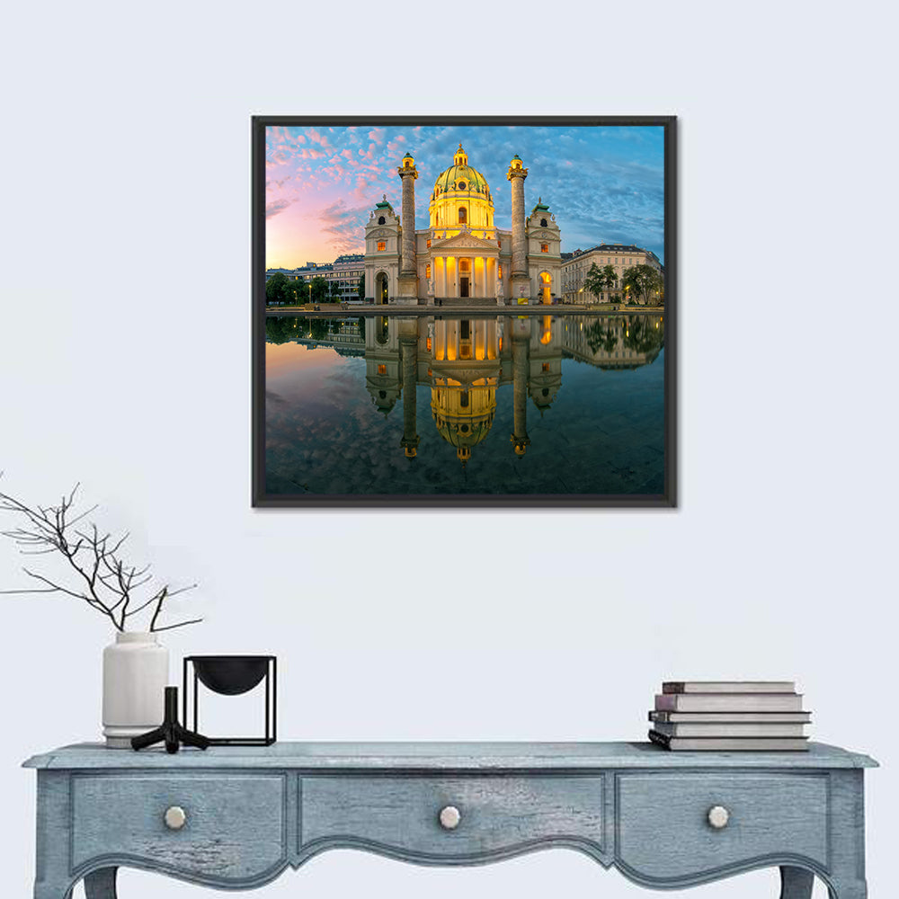 Karlskirche Golden Hour Reflection Wall Art in a room, square