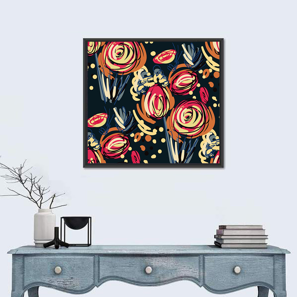 Colorful Scribbled Floral Pattern Wall Art in a room, square
