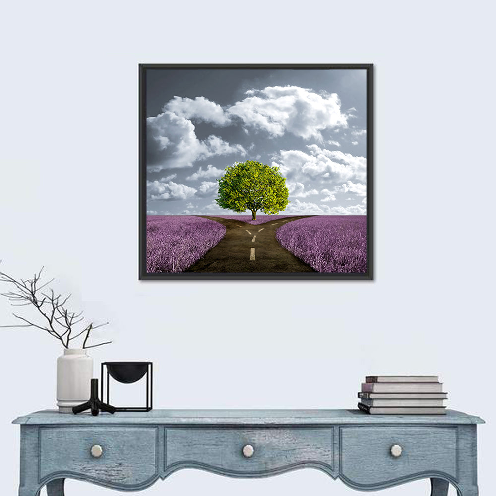 Lavender Field Crossroads with Lone Tree Wall Art in a room, square