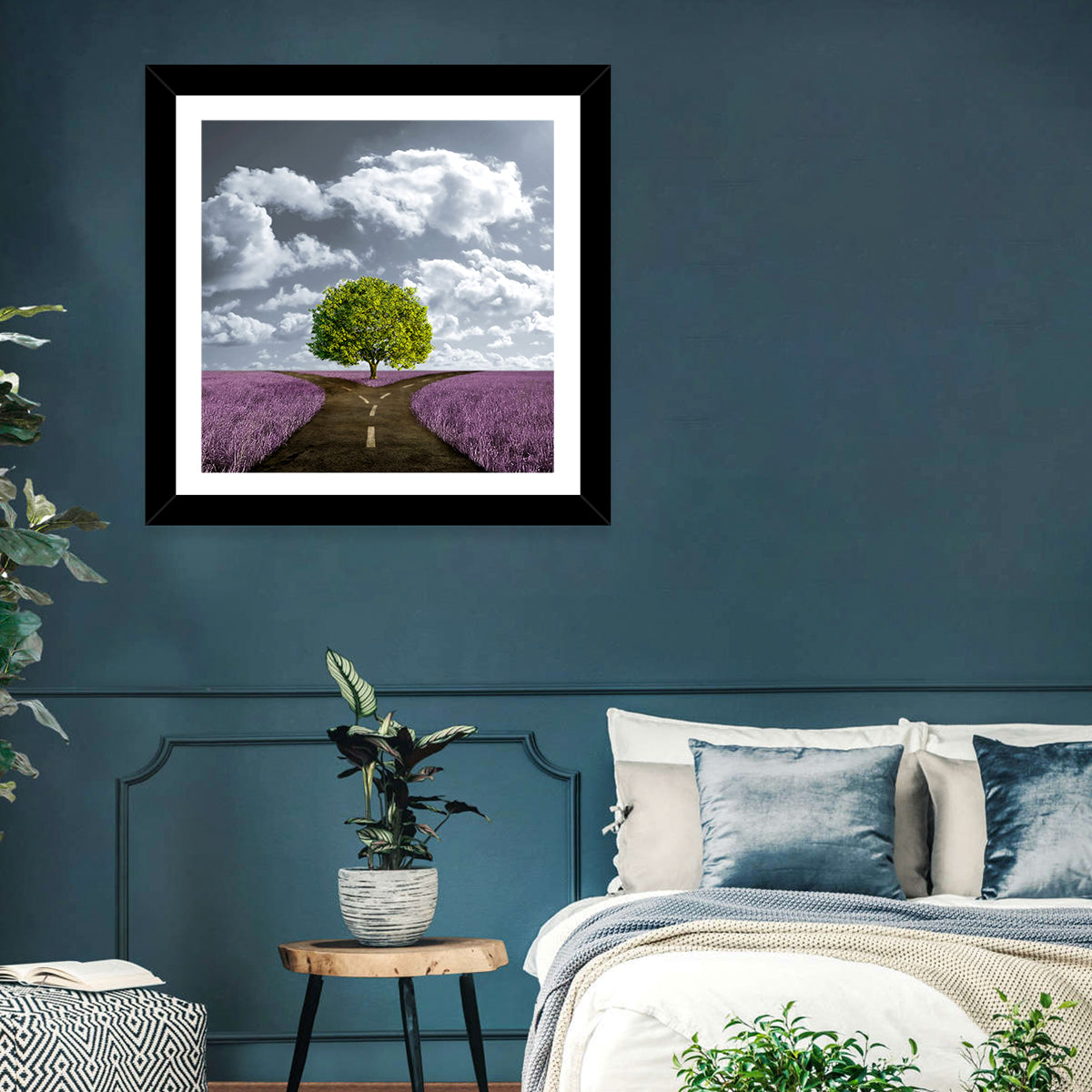 Lavender Field Crossroads with Lone Tree Wall Art in a room, square