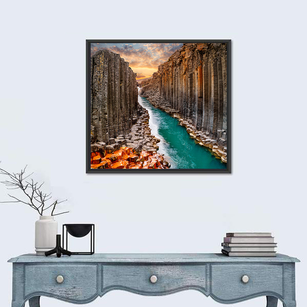 Stuðlagil Canyon Basalt Columns at Golden Hour Wall Art in a room, square