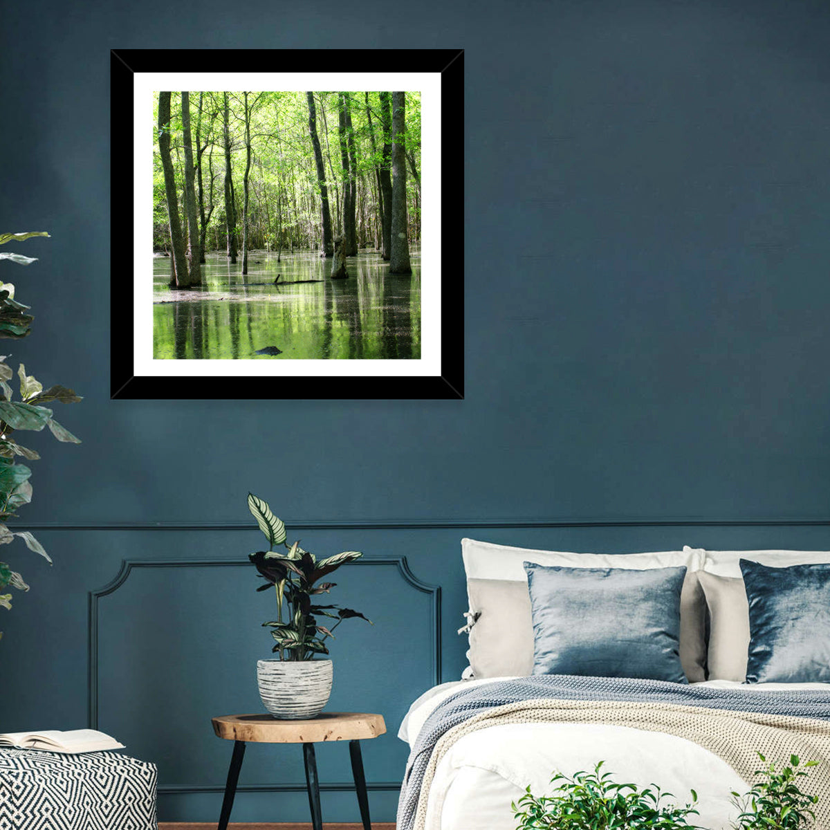Sunlit Swamp Forest Wall Art in a room, square