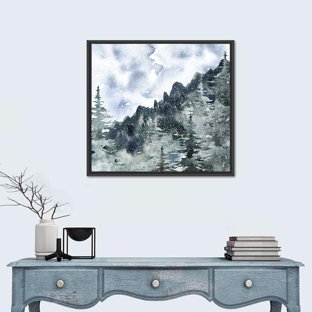 Snowfall Mountain Forest Illustration Wall Art in a room, square