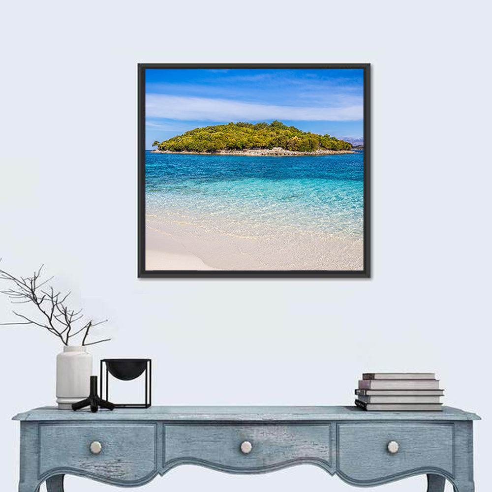 Butrint Turquoise Island Beach Wall Art in a room, square