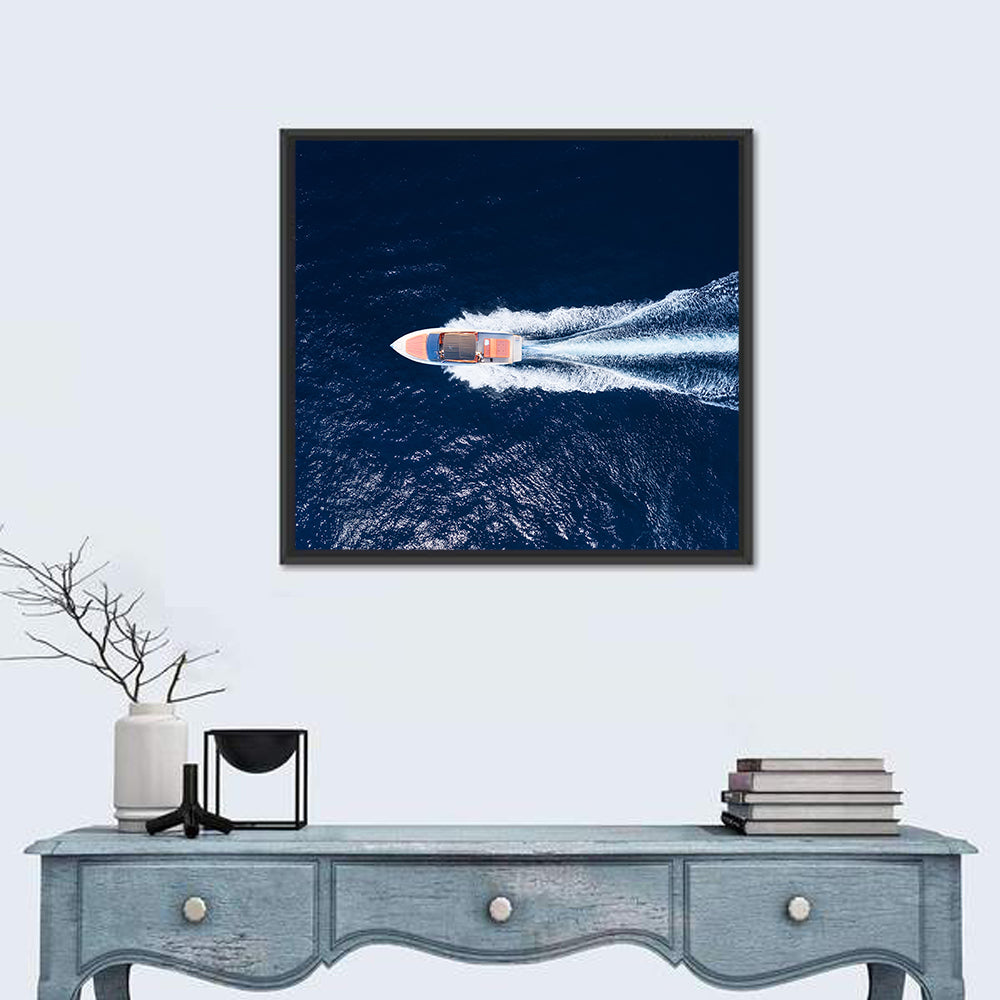 Sleek Speedboat Over Navy Sea Wall Art in a room, square